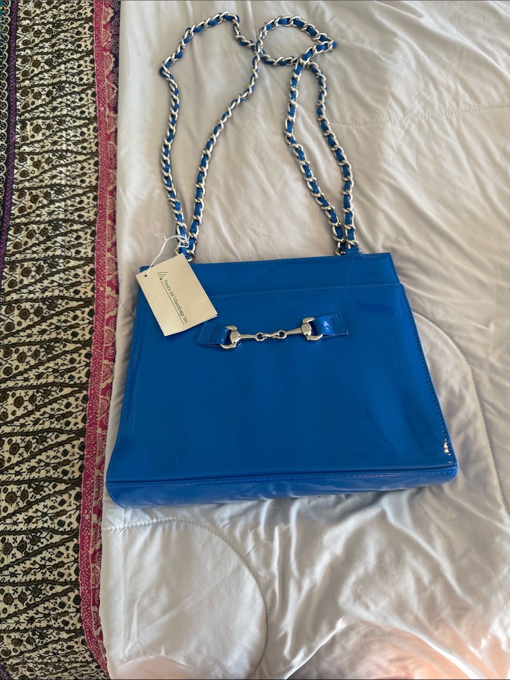 Patent Electric Blue Shoulder Bag with Silver Chain Detail